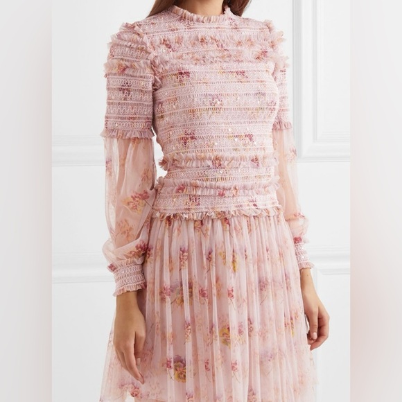 NEEDLE & THREAD Think Of Me Sequined Shirred Floral-Print Tulle Mini, Size 8 - Picture 2 of 16